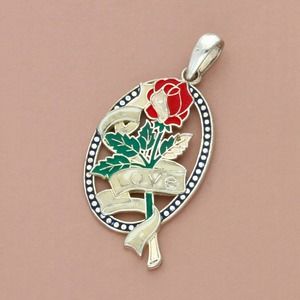 sterling silver vintage enamel love rose (as-is) pendant(used red polish to fix)